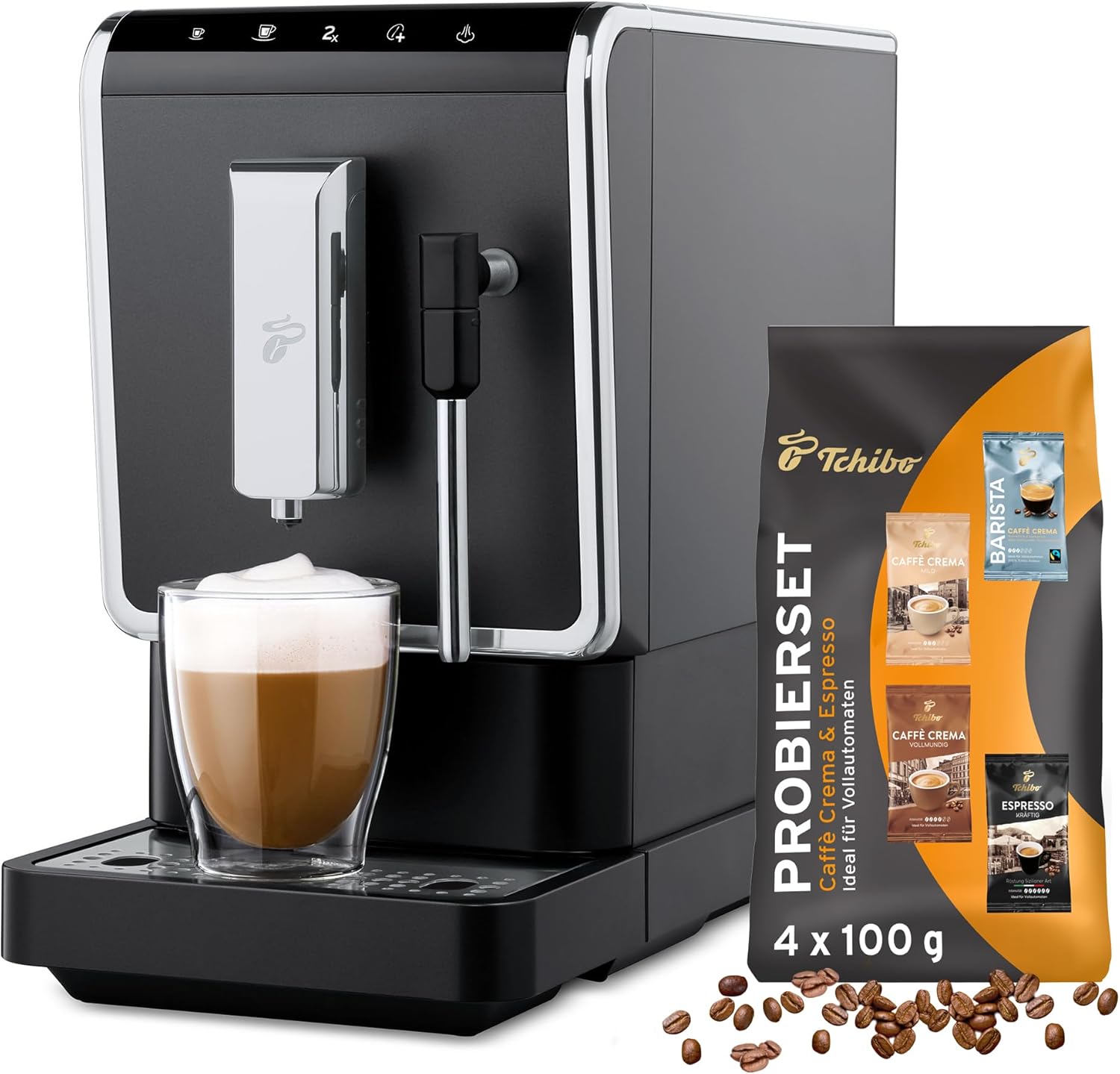 Tchibo Kaffeevollautomat Esperto Latte mit Milchaufschäumfunktion für Caffè Crema, Espresso und Milchspezialitäten, Anthrazit