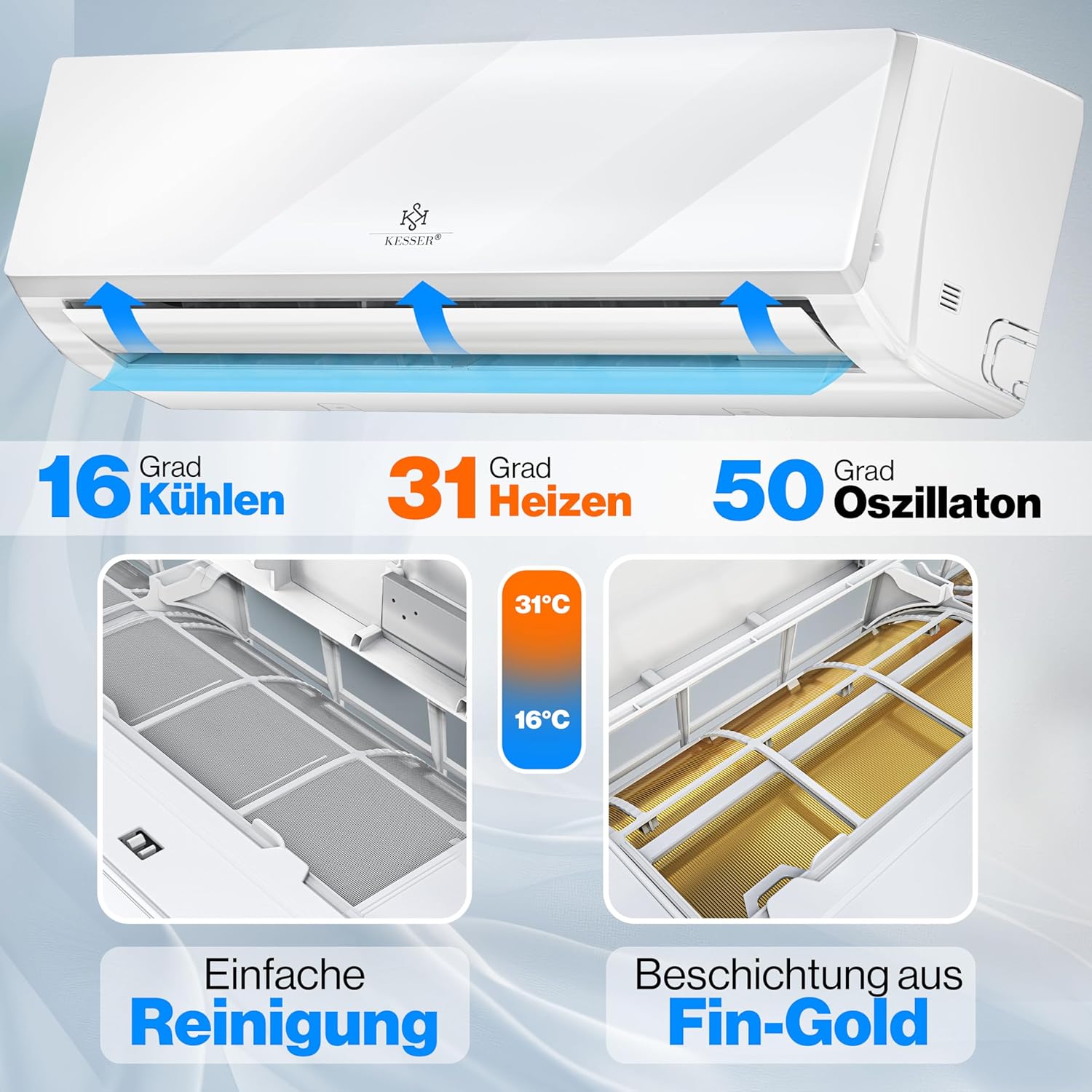 KESSER Klimaanlage Set Split - mit WiFi/App Funktion Klimagerät - Kühlen A++/ Heizen A+ - 9000 BTU/h (2.600 Watt) Kältemittel R32 - Fernbedienung, Timerfunktion - Inkl. komplettem Montagematerial