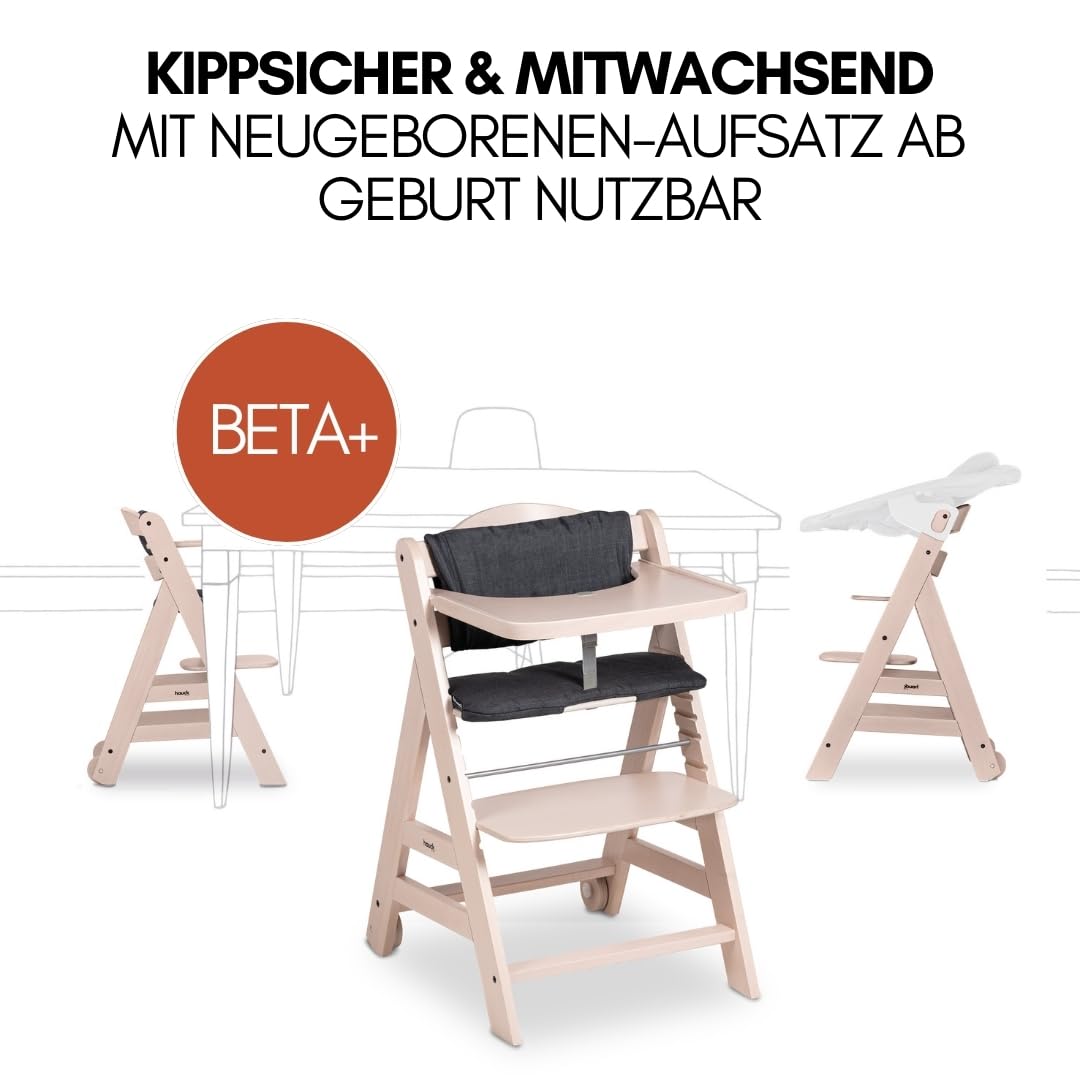 hauck Hochstuhl Beta+ Newborn Set Premium Dark Grey - Babyhochstuhl Set ab Geburt mit Neugeborenen Aufsatz Bouncer, Sitzpolster und Essbrett - Dark Grey