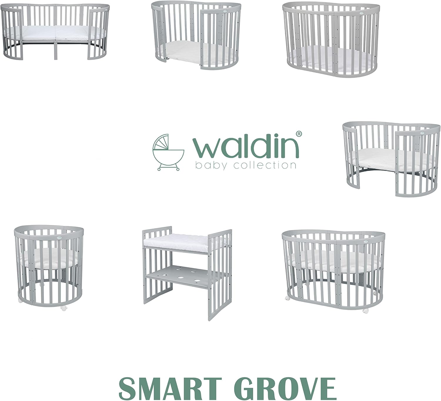 Waldin Oval Baby-Bett Mitwachsend Komplett Set 7in1, Gitterbett, Kinderbett mit Matratze, Wickelkommode, Beistellbett, Holz Weiß