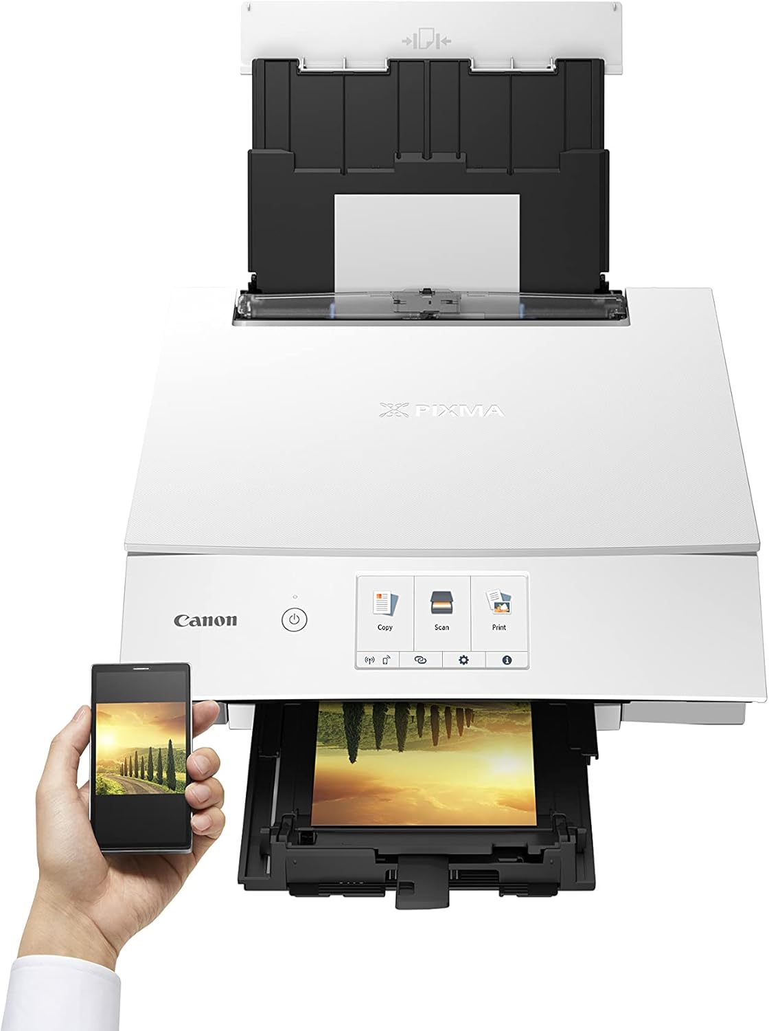 Canon PIXMA TS8351a Drucker Farbtintenstrahl Multifunktionsgerät DIN A4 (Scanner, Kopierer, 4.800 x 1.200 dpi, 6 separate Tinten, USB, WLAN, AirPrint, Duplexdruck, 2 Papierzuführungen, 5 GHz), weiß