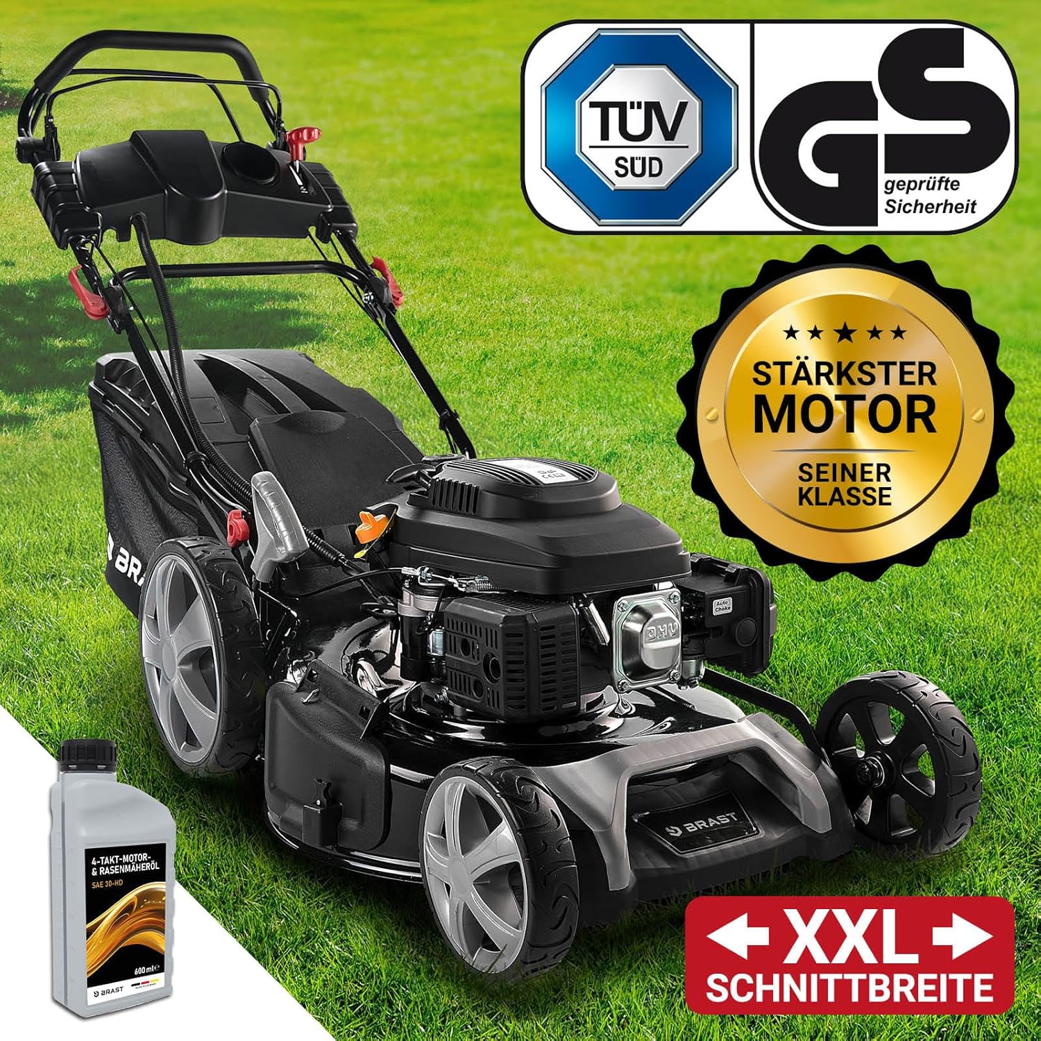 BRAST® Benzin Rasenmäher mit Antrieb | 5,2kW (7PS) | 55cm Schnittbreite | viele Modelle | TÜV | 30-80mm Schnitthöhe | 60L Fangkorb | 4 Takt OHV Motor | Stahlgehäuse | Power