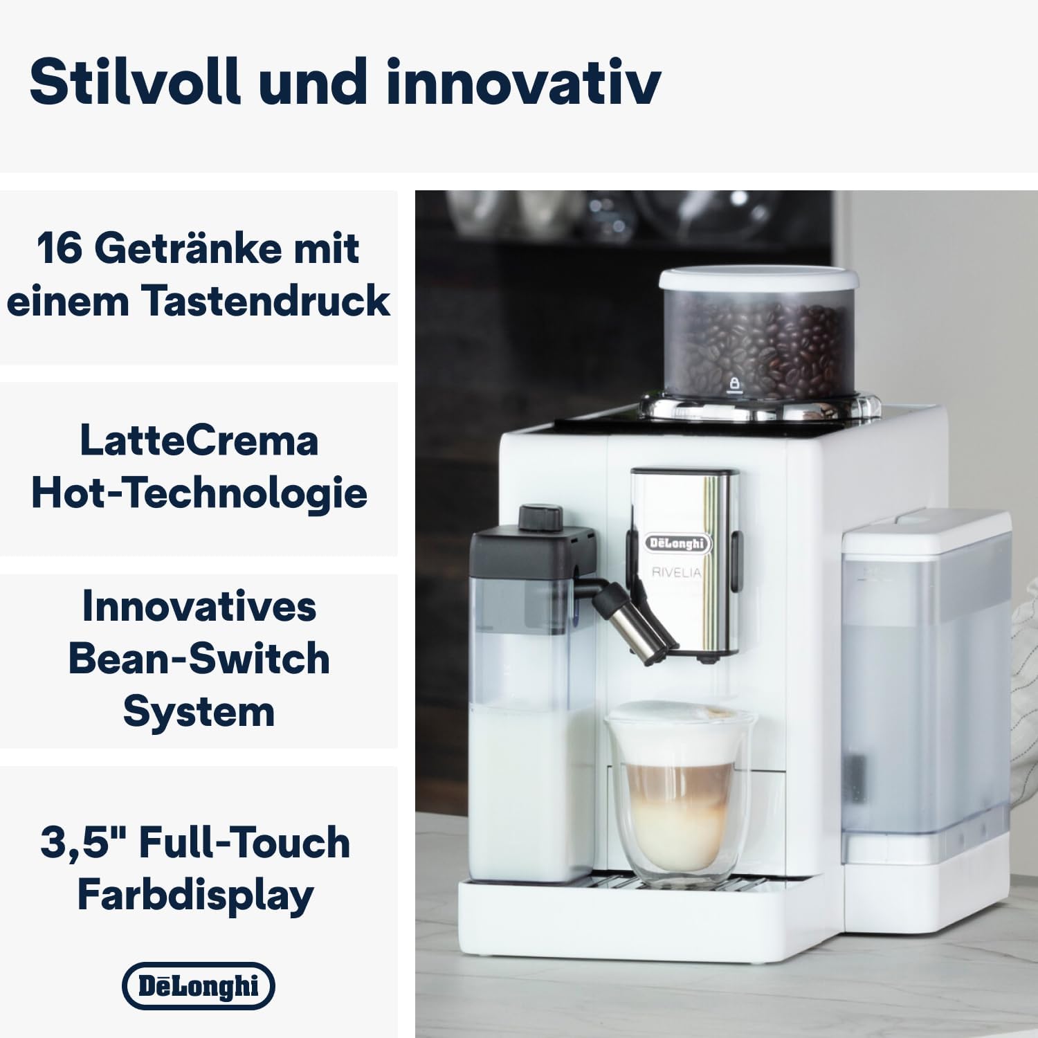 De'Longhi Rivelia EXAM440.55.W Kaffeevollautomat mit LatteCrema Milchsystem, Wechselbarer Bohnenbehälter, 16 Kaffee- & Milchgetränke auf Knopfdruck, Extra-Shot-Funktion, 3,5 Touch-Display, Weiß