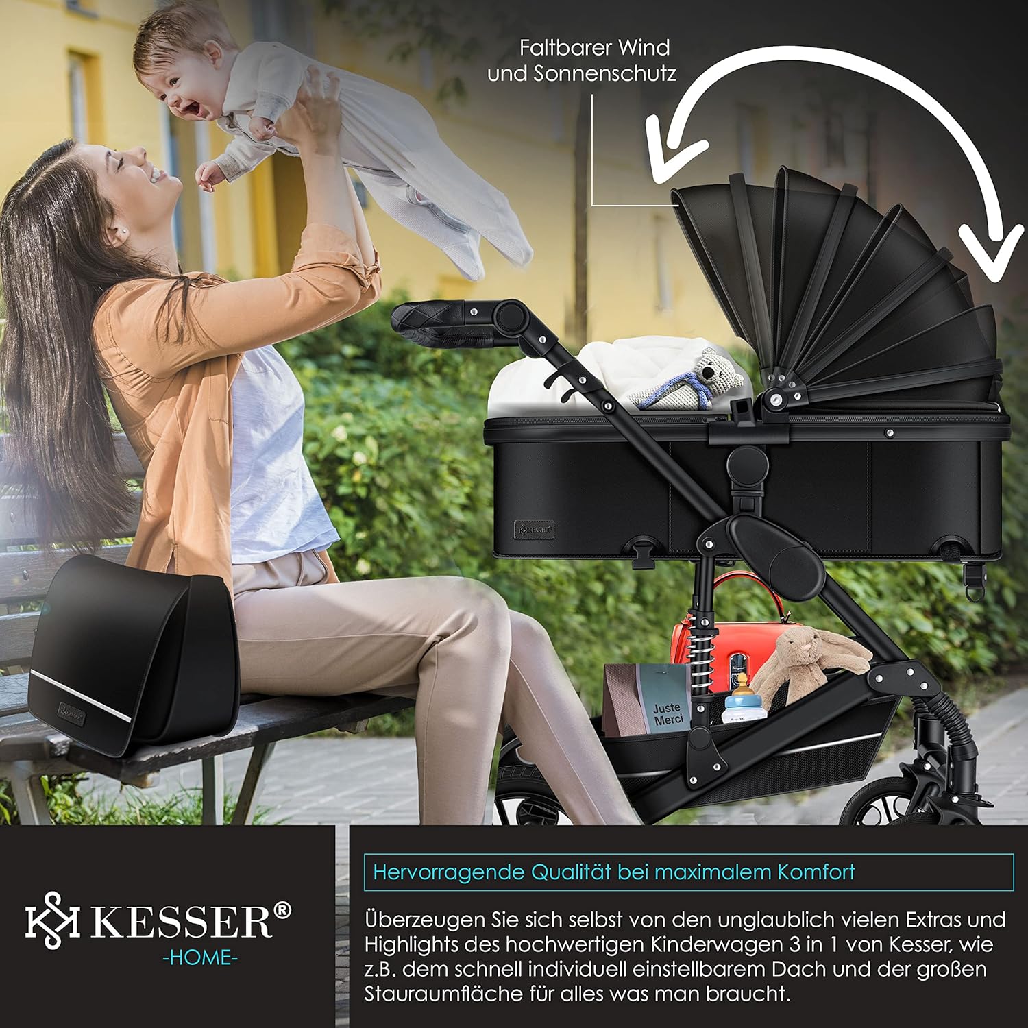 KESSER Loops 3 in 1 Kinderwagen Kombikinderwagen Komplett-Set inkl. Babywanne & Buggy Sportsitz & Auto-Babyschale Voll-Gummireifen Wickeltasche Regenschutz Kindertisch ECE R129, Schwarz/Champagne