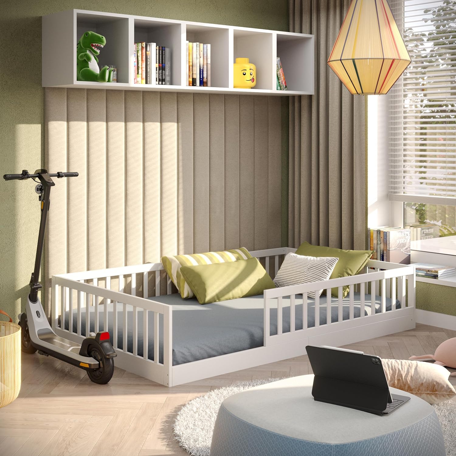 CADANI Timi 2in1 Bodenbett 140x200 cm Montessori Kinderbett mit abnehmbaren Rausfallschutz inkl. Lattenrost, Kiefer Massivholz, weiß - 3 Aufbauvarianten, bis 200 kg belastbar, umbaubar