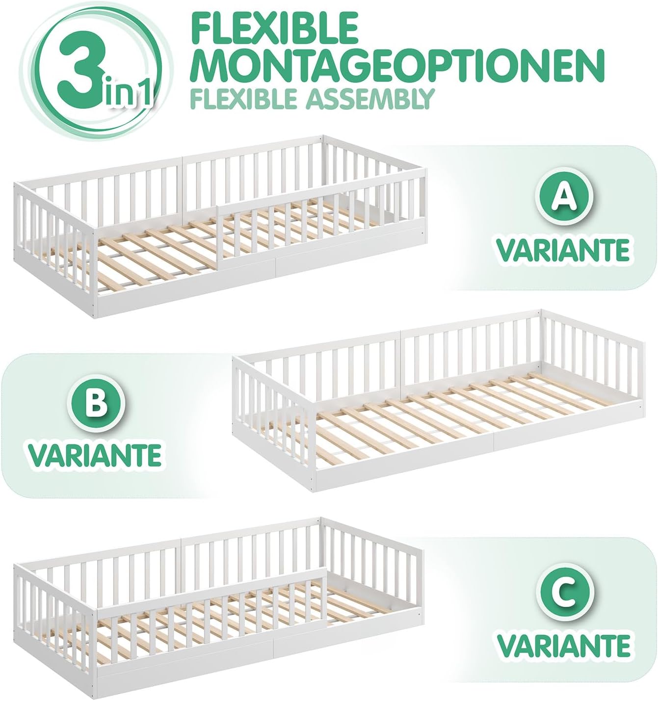 CADANI Timi 2in1 Bodenbett 140x200 cm Montessori Kinderbett mit abnehmbaren Rausfallschutz inkl. Lattenrost, Kiefer Massivholz, weiß - 3 Aufbauvarianten, bis 200 kg belastbar, umbaubar