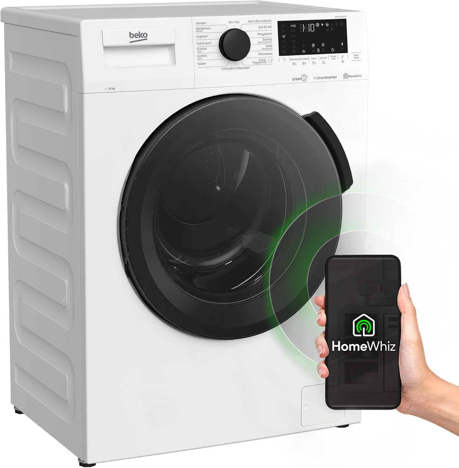 Beko WMC91464ST1 b300 Waschvollautomat, Waschmaschine, 9 kg, Bluetooth, ProSmart Inverter Motor, Dampffunktion, Pet Hair Removal, Watersafe+, Weiß