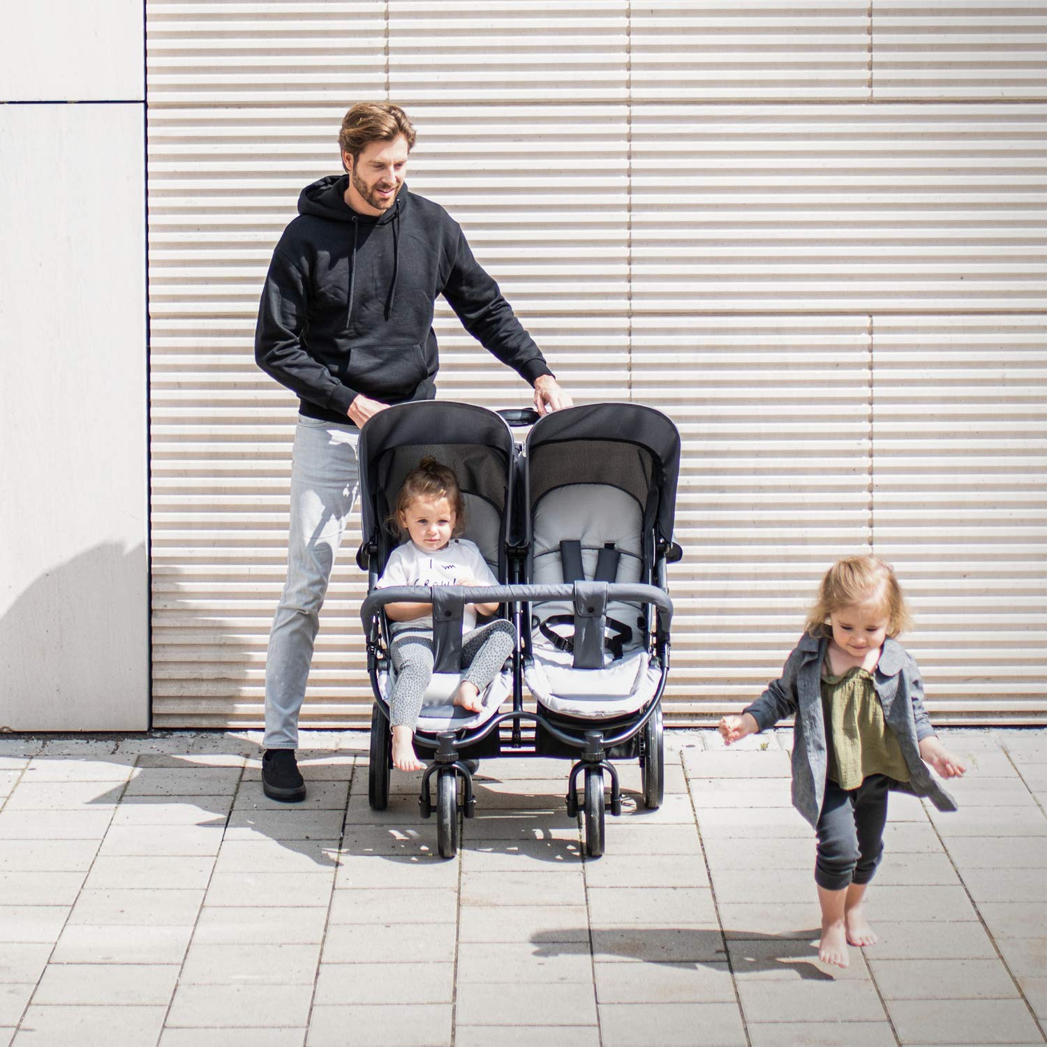hauck Geschwisterwagen Roadster Duo SLX, Zwillingsbuggy ab Geburt bis 15 kg (ca. 3 Jahren) mit Liegefunktion, XL Korb, Einfach und Klein Zusammenklappbar, Große Räder (Grey/Silver)
