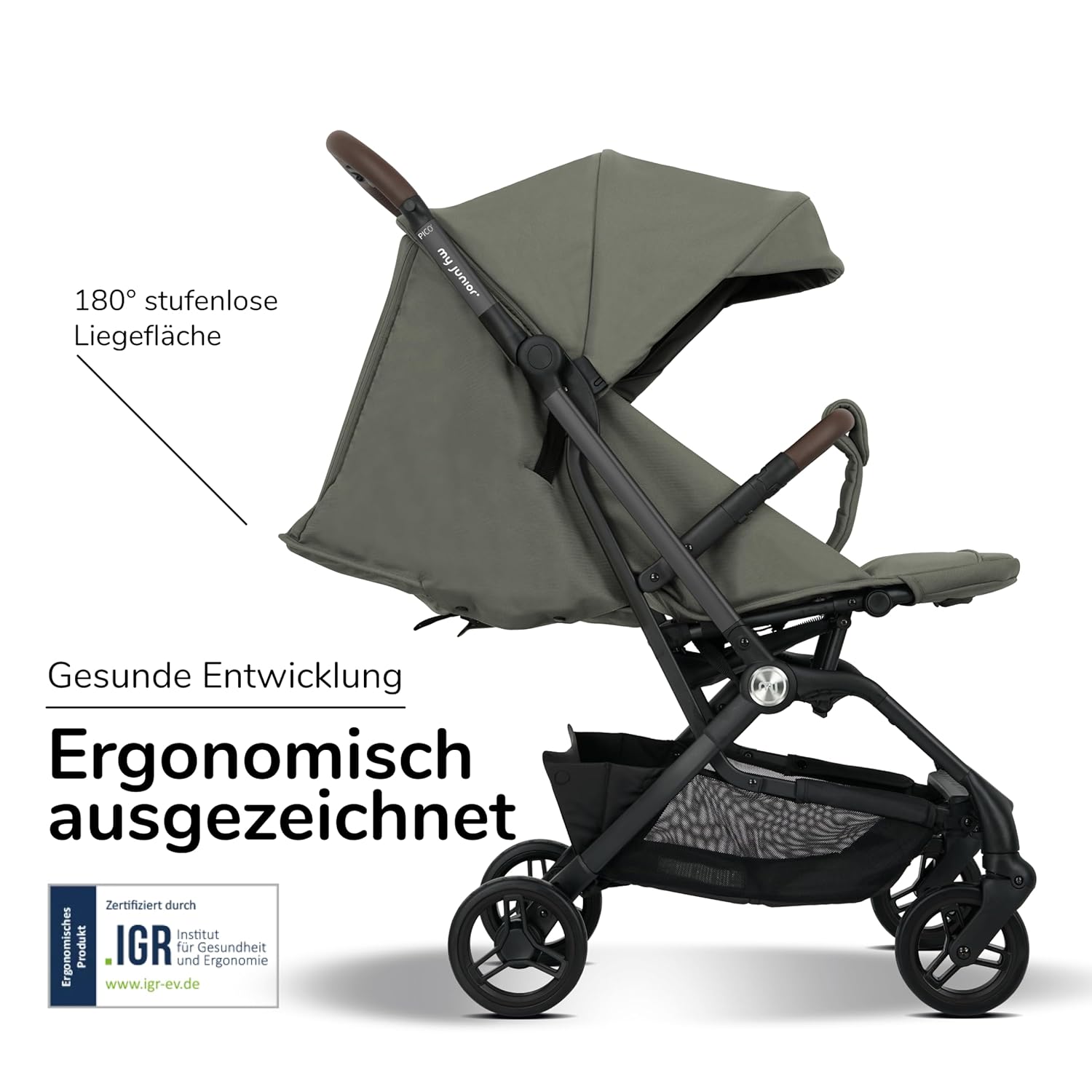 my junior Buggy PICO³ | bis 22kg | Einhand AutoFold-Klappmechanismus | Ergonomische Liegeposition nach IGR e.V. | großes Sonnenverdeck UV50+ | Handgepäckmaß | 2 Belüftungsfenster Hazel - Black