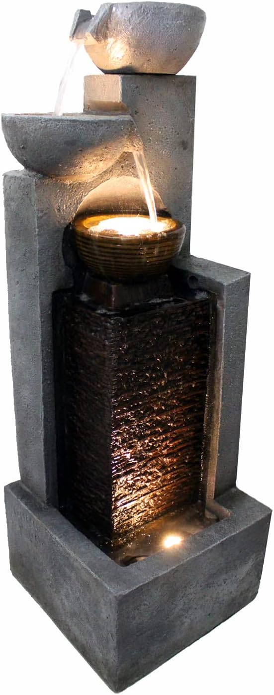 Arnusa Großer Gartenbrunnen mit LED Beleuchtung Springbrunnen Kaskade Wasserspiel Gartendekoration, Schwarz, Grau