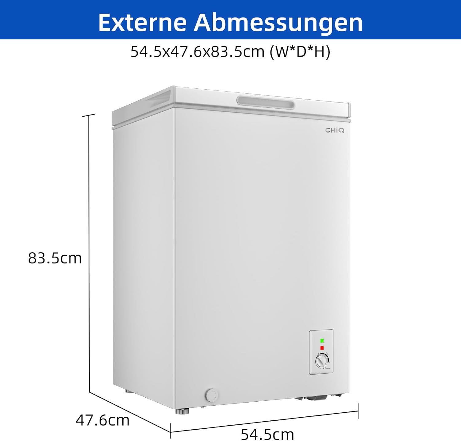 CHiQ FCF98DE Gefriertruhe 99 L, 54,5 x 47,6 x 83,5 cm, 4-Sterne-Gefrieren, Thermostatsteuerung, Drahtgestell, Schwebetür, Geräuscharm, Weiß