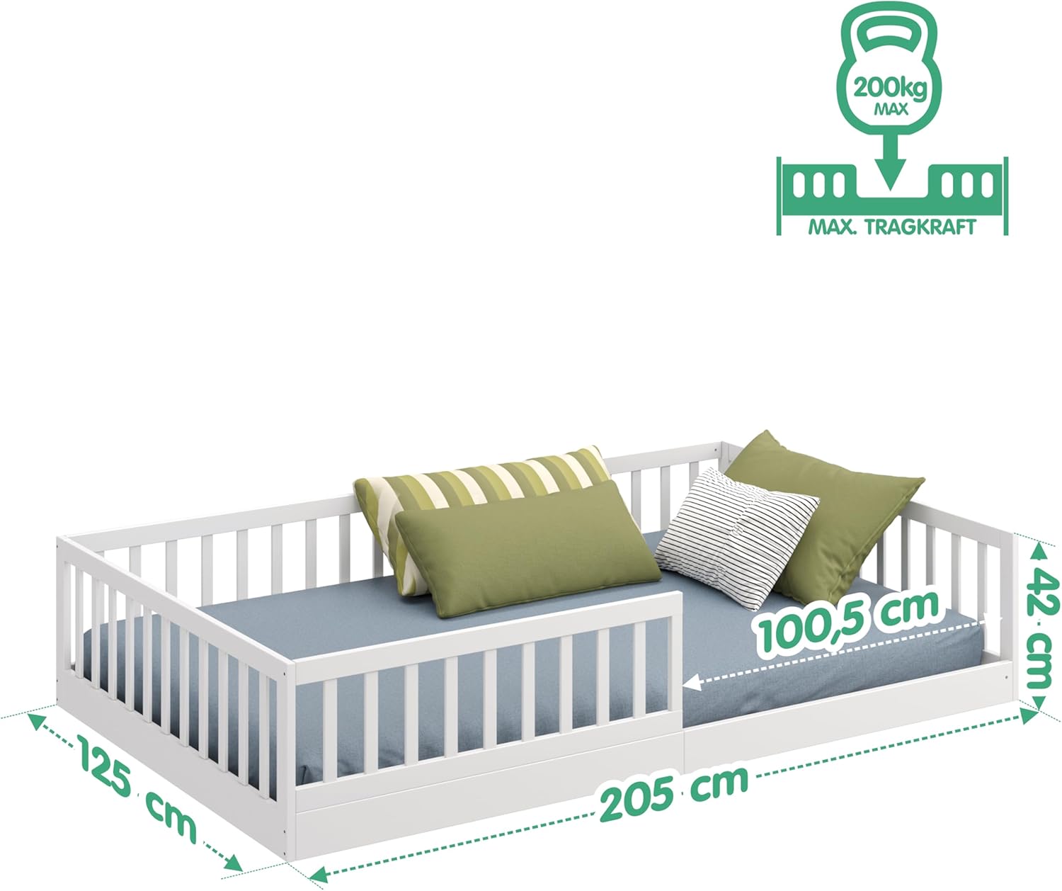 CADANI Timi 2in1 Bodenbett 140x200 cm Montessori Kinderbett mit abnehmbaren Rausfallschutz inkl. Lattenrost, Kiefer Massivholz, weiß - 3 Aufbauvarianten, bis 200 kg belastbar, umbaubar