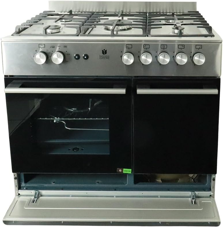 Gasline Gas Standherd mit Flaschenschrank 90cm GAG90GOXFL, 5 Flammig Sabaf-Brenner, Elektrische-Zündung und Vollzündsicherung Propan LPG…