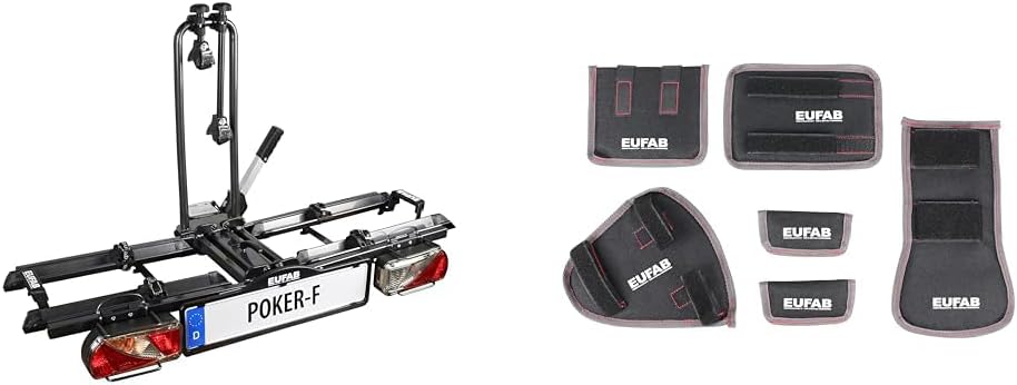 EUFAB 12010LAS Fahrradträger POKER-F, E-Bike geeignet, komplett vormontiert, Diebstahlschutz, für 2 Fahrräder, für Anhängerkupplung, Schwarz, 142 x 70 x 58 cm