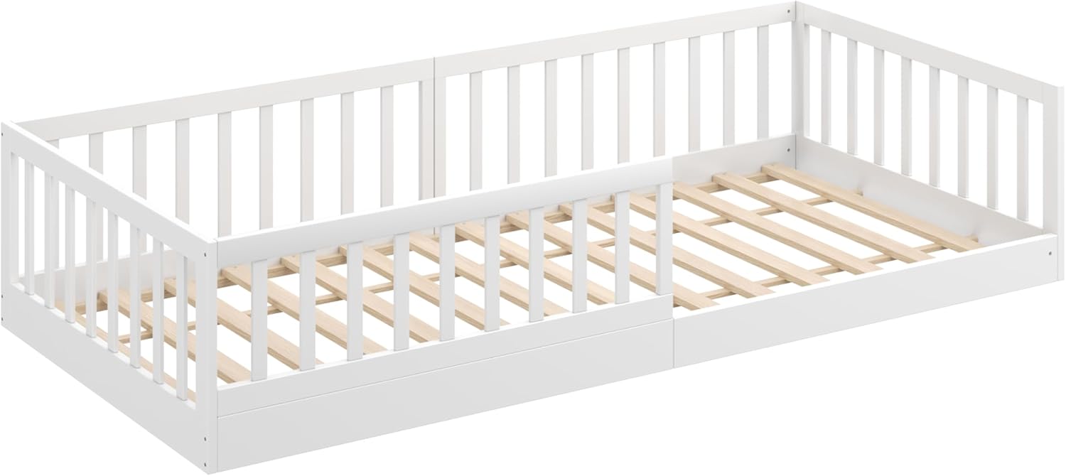 CADANI Timi 2in1 Bodenbett 140x200 cm Montessori Kinderbett mit abnehmbaren Rausfallschutz inkl. Lattenrost, Kiefer Massivholz, weiß - 3 Aufbauvarianten, bis 200 kg belastbar, umbaubar