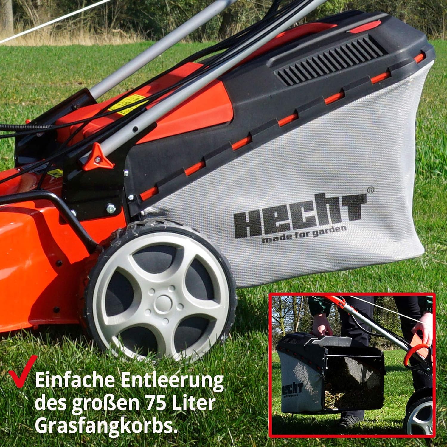 HECHT 5-IN-1 Benzin Rasenmäher – leistungsstarker 4 Takt Eco Motor 4,4 kW (6,0 PS) – Elektrostart – 53 cm Schnittbreite – 75 l Fangkorb – Radantrieb – patentierte Räder – Mulchmäher