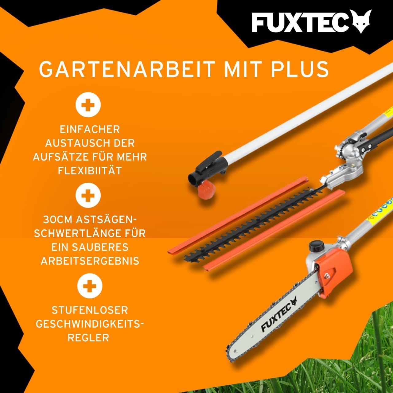 FUXTEC Benzin Motorsense FX-MT152E 5in1 Multitool, 52 cc, Profi-Tragegurt und inkl. 1m Verlängerung 3 PS Kombigerät Heckenschere Hochentaster Kombisystem Freischneider fs 2-Takt Test Oberklasse 1,4