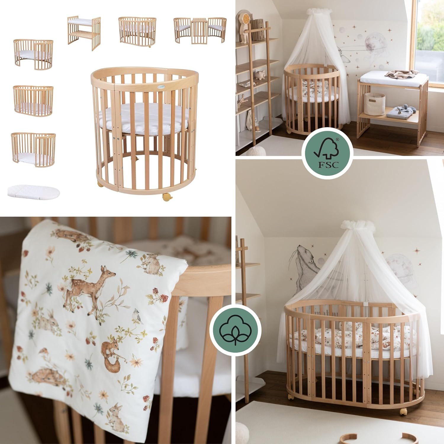 Waldin Oval Baby-Bett Mitwachsend Komplett Set 7in1, Gitterbett, Kinderbett mit Matratze, Wickelkommode, Beistellbett, Holz Weiß