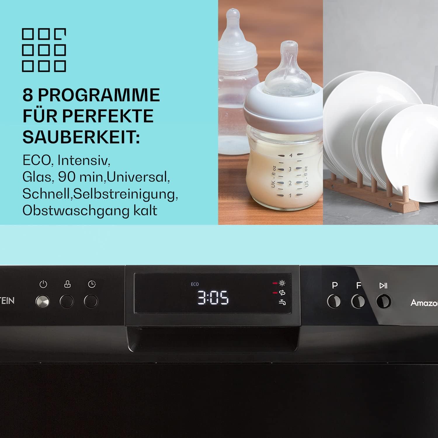 Klarstein ia 8 - Spülmaschine, Geschirrspüler, Freistehend, Teilintegriert, F, 55 cm breit, 8 Maßgedecke, 6 Programme, Aquastop, silber