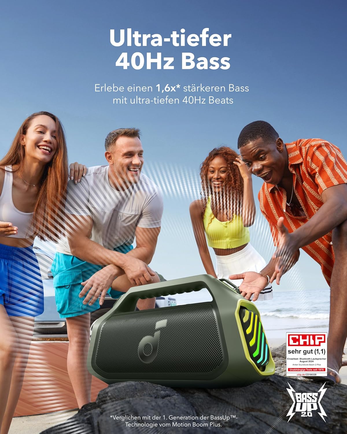 soundcore Boom 2 Plus Outdoor Lautsprecher, 140W, 2+2 Channel, BassUp 2.0, 20h, Schnellladung, IPX7 wasserdicht, RGB Lichter, USB-C, Power Bank, BT 5.3, tragbarer Bluetooth Lautsprecher, Camping