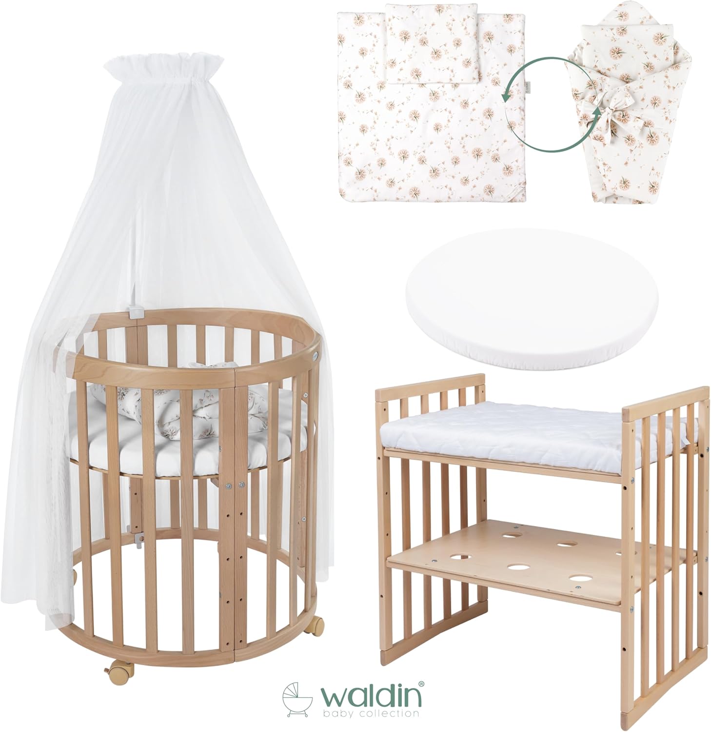 Waldin Oval Baby-Bett Mitwachsend Komplett Set 7in1, Gitterbett, Kinderbett mit Matratze, Wickelkommode, Beistellbett, Holz Weiß