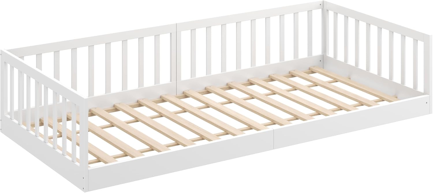 CADANI Timi 2in1 Bodenbett 140x200 cm Montessori Kinderbett mit abnehmbaren Rausfallschutz inkl. Lattenrost, Kiefer Massivholz, weiß - 3 Aufbauvarianten, bis 200 kg belastbar, umbaubar