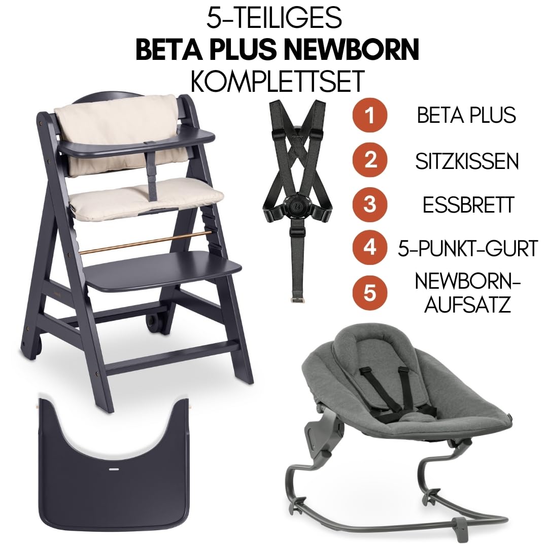 hauck Hochstuhl Beta+ Newborn Set Premium Dark Grey - Babyhochstuhl Set ab Geburt mit Neugeborenen Aufsatz Bouncer, Sitzpolster und Essbrett - Dark Grey