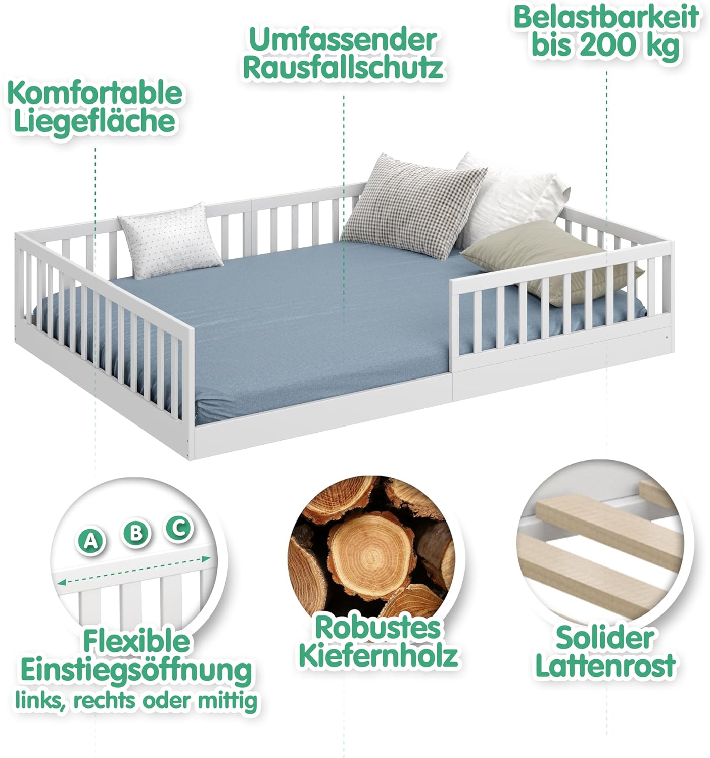 CADANI Timi 2in1 Bodenbett 140x200 cm Montessori Kinderbett mit abnehmbaren Rausfallschutz inkl. Lattenrost, Kiefer Massivholz, weiß - 3 Aufbauvarianten, bis 200 kg belastbar, umbaubar