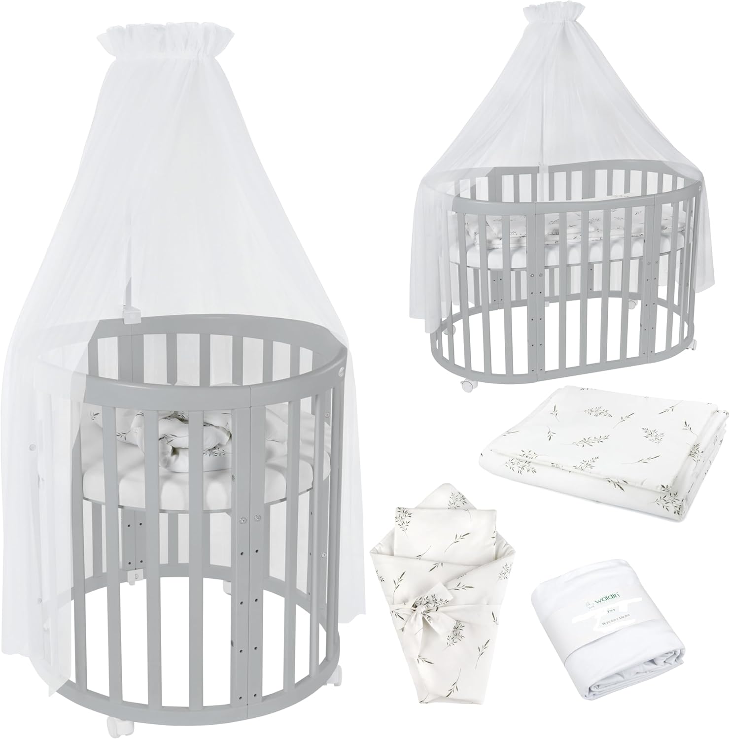 Waldin Oval Baby-Bett Mitwachsend Komplett Set 7in1, Gitterbett, Kinderbett mit Matratze, Wickelkommode, Beistellbett, Holz Weiß