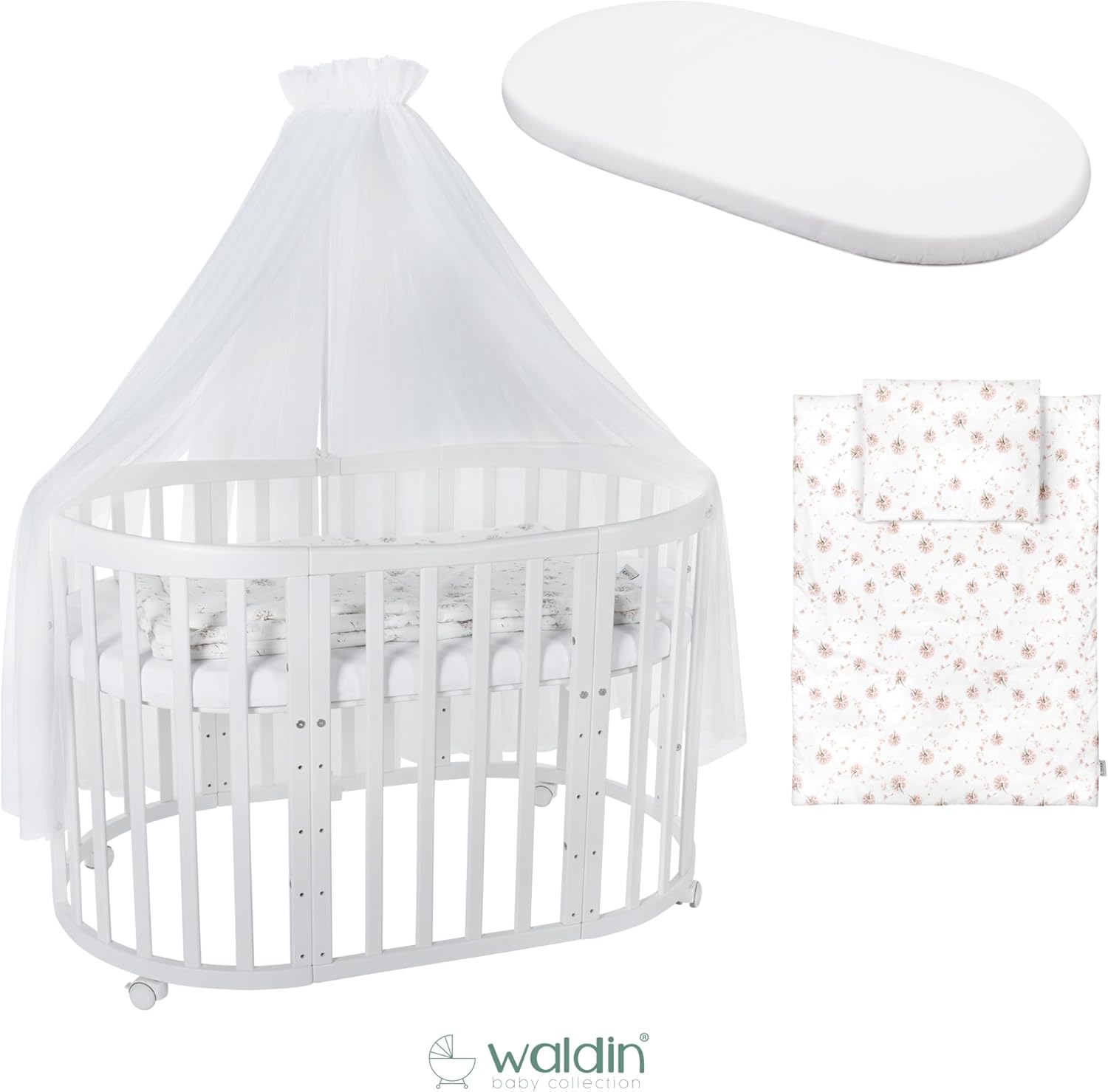 Waldin Oval Baby-Bett Mitwachsend Komplett Set 7in1, Gitterbett, Kinderbett mit Matratze, Wickelkommode, Beistellbett, Holz Weiß
