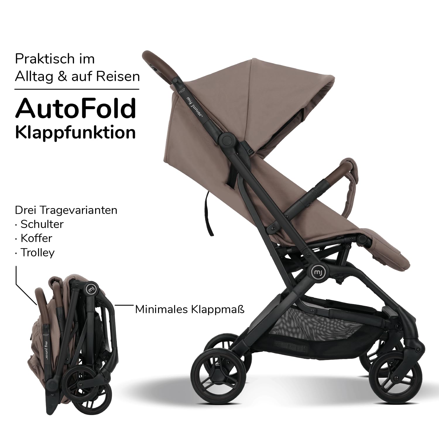 my junior Buggy PICO³ | bis 22kg | Einhand AutoFold-Klappmechanismus | Ergonomische Liegeposition nach IGR e.V. | großes Sonnenverdeck UV50+ | Handgepäckmaß | 2 Belüftungsfenster Hazel - Black