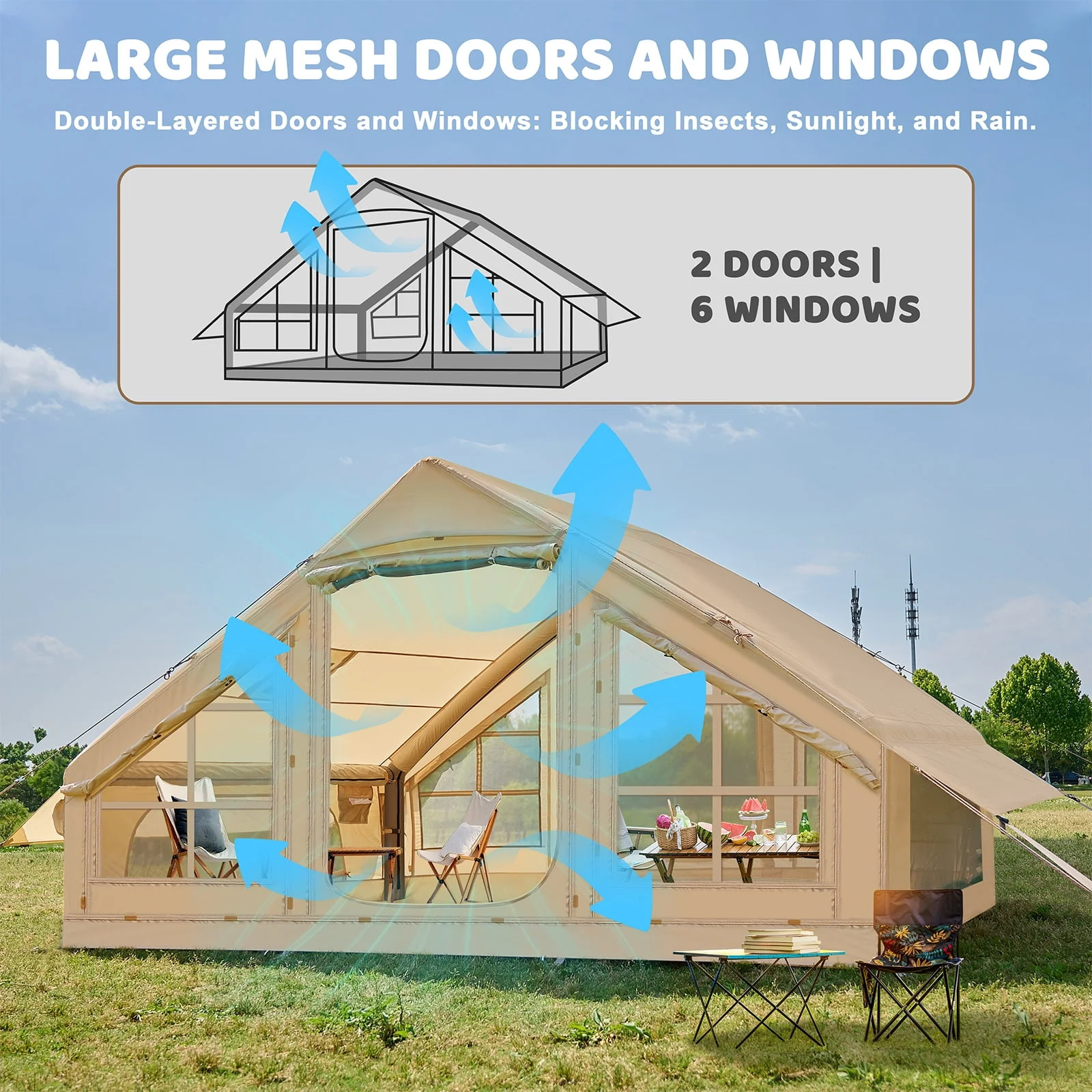 6 Person Inflatable Camping Tent with Pump, 10ft x7ft Glamping Family Tent Easy Setup 4 Season Waterproof Windproof Outdoor Blow Up Tent Luxury Oxford Cabin with Mesh Windows & Doors