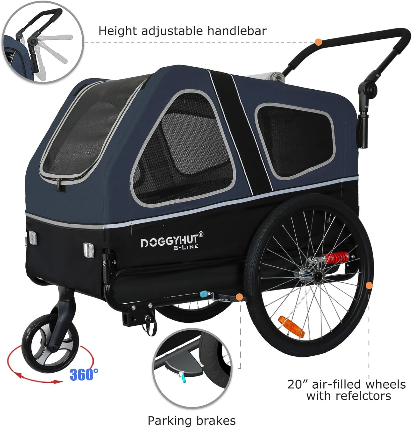 Doggyhut S-Line XL Hundeanhänger & Hundebuggy mit Federung 2 in 1 Hunde Fahrradanhänger Jogger gefedert bis 45 kg