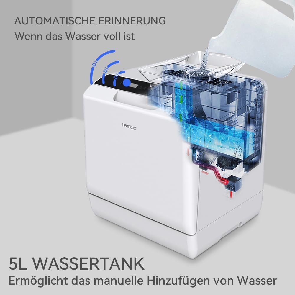 Hermitlux Mini Geschirrspüler, Spülmaschine für 4 Bestecksätze, 5 Liter Wassertank, 6 Programme Mini Tischgeschirrspüler, Perfekt für Wohnungen, Schlafsäle, Camping, Weiß