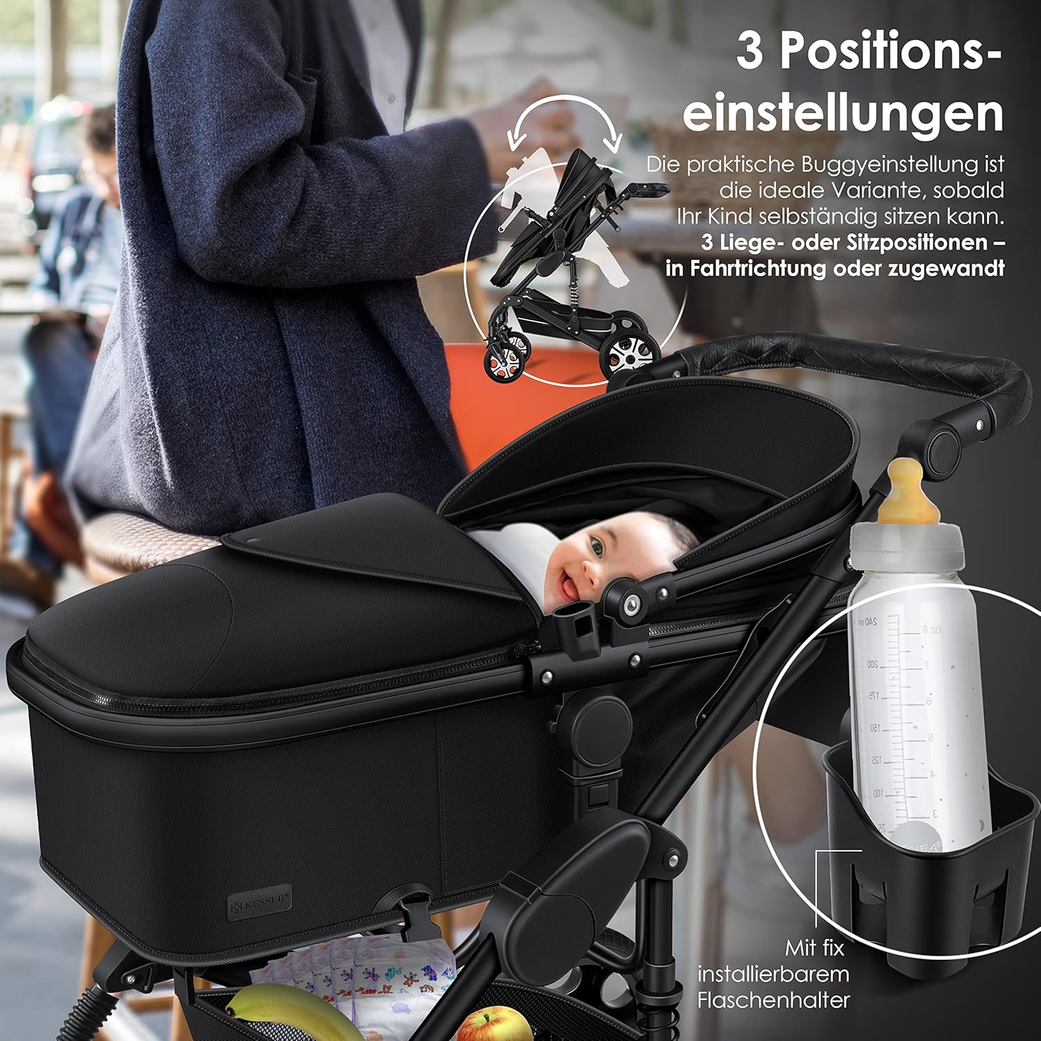 KESSER Loops 3 in 1 Kinderwagen Kombikinderwagen Komplett-Set inkl. Babywanne & Buggy Sportsitz & Auto-Babyschale Voll-Gummireifen Wickeltasche Regenschutz Kindertisch ECE R129, Schwarz/Champagne