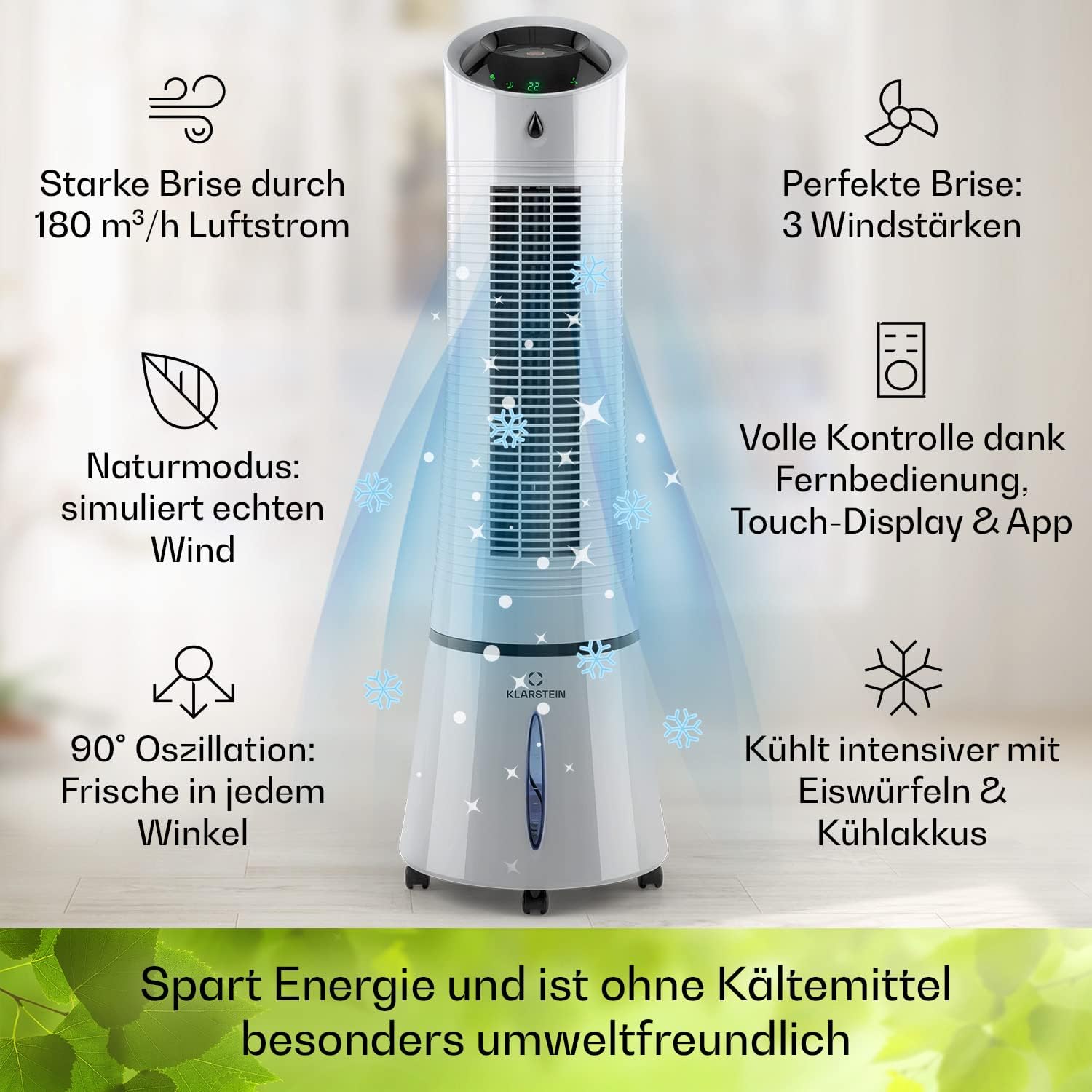 Klarstein 4-in-1: Smart Luftkühler, Ventilator, Luftbefeuchter & Ionisation I 6 L Wassertank, Oszillation, 30 W, 210 m³/h, Timer I Klimagerät ohne Abluftschlauch, Mobiles Klimagerät, Schwarz-Rosegold