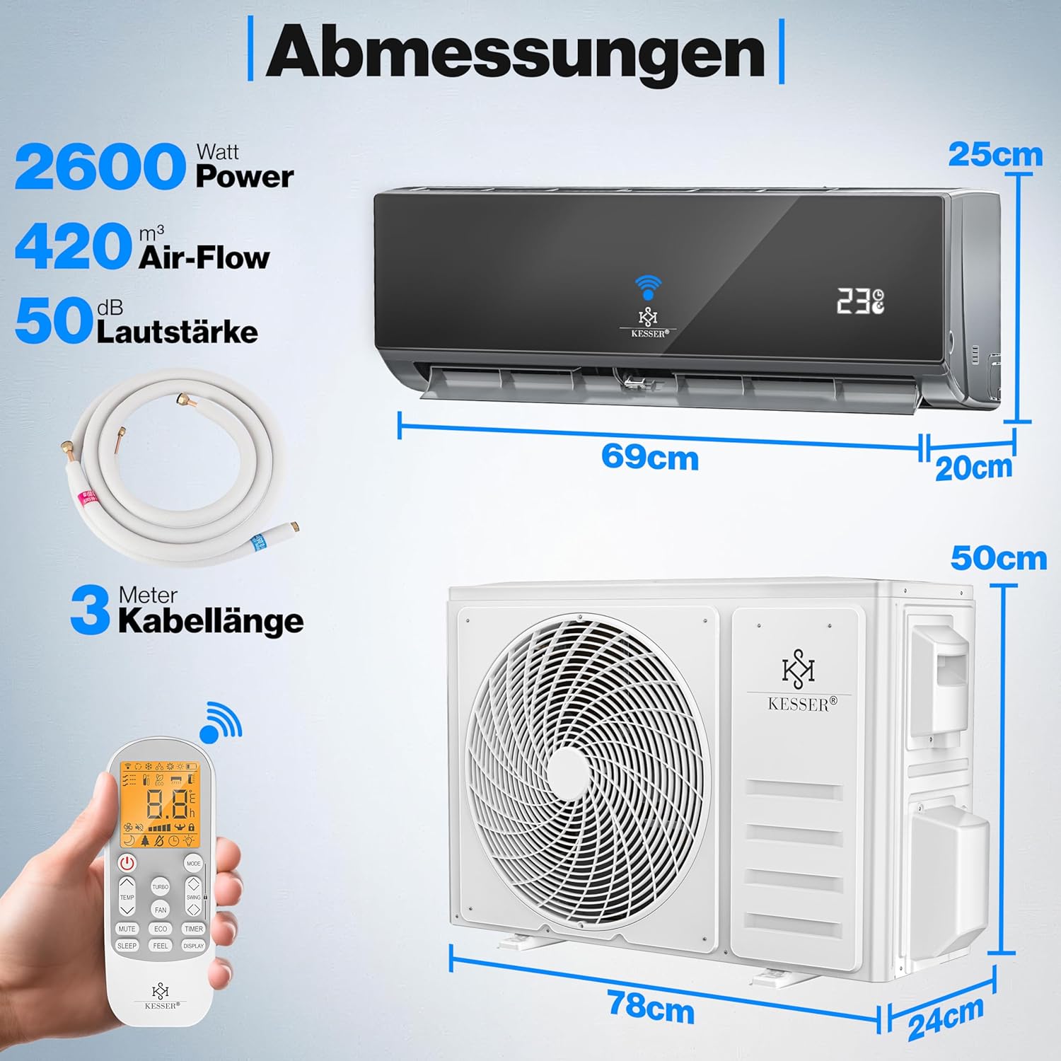 KESSER Klimaanlage Set Split - mit WiFi/App Funktion Klimagerät - Kühlen A++/ Heizen A+ - 9000 BTU/h (2.600 Watt) Kältemittel R32 - Fernbedienung, Timerfunktion - Inkl. komplettem Montagematerial