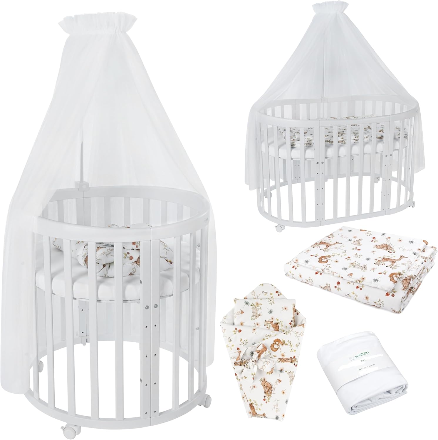 Waldin Oval Baby-Bett Mitwachsend Komplett Set 7in1, Gitterbett, Kinderbett mit Matratze, Wickelkommode, Beistellbett, Holz Weiß