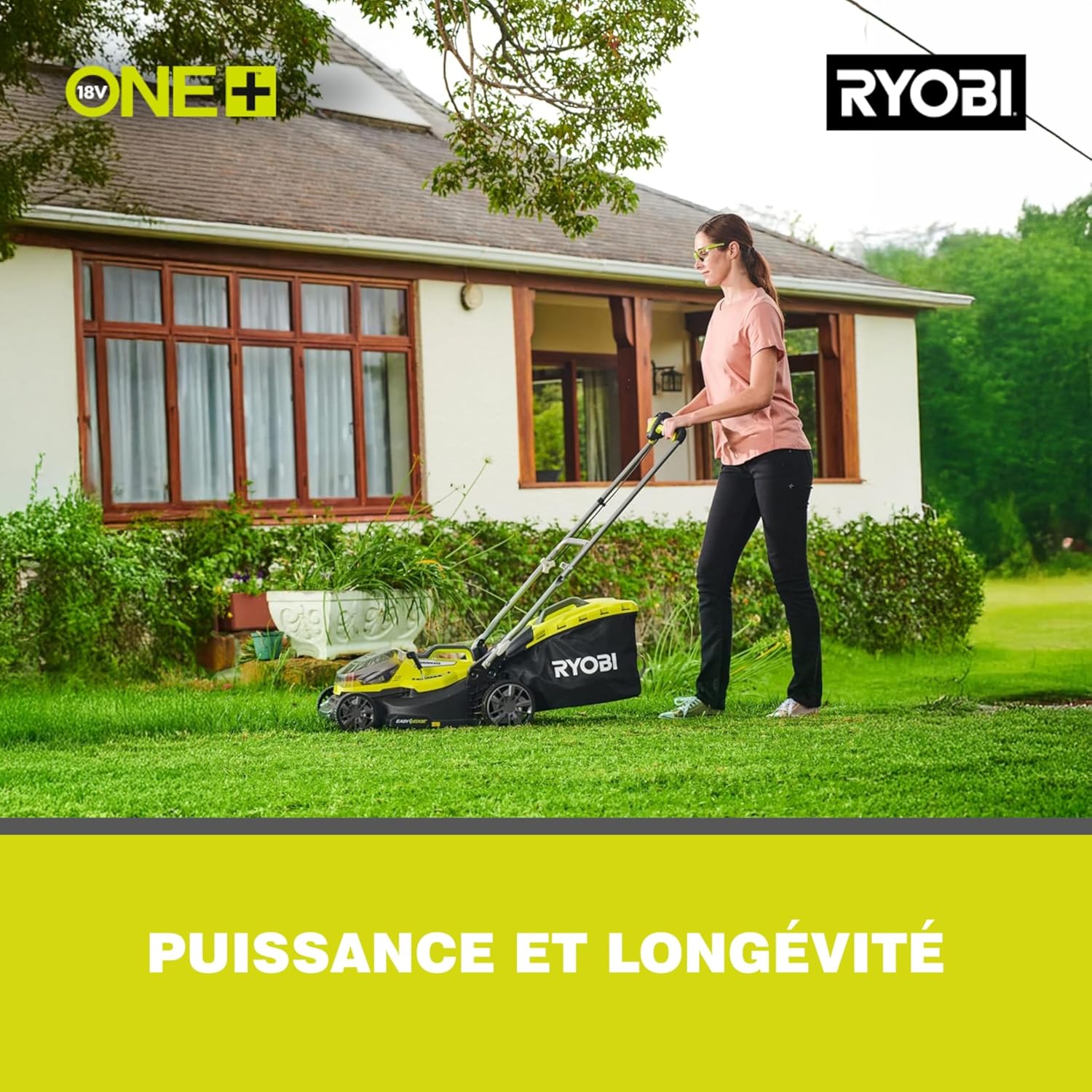 RYOBI 18 V ONE+ Akku-Rasenmäher RLM18X33B40 (Schnittbreite 33 cm, 5-fache Höhenverstellung 25-65 mm, zusammenklappbares Griffgestänge, inkl. Mulchkeil, 35l Grasfangsack, 4,0Ah Akku & Ladegerät)