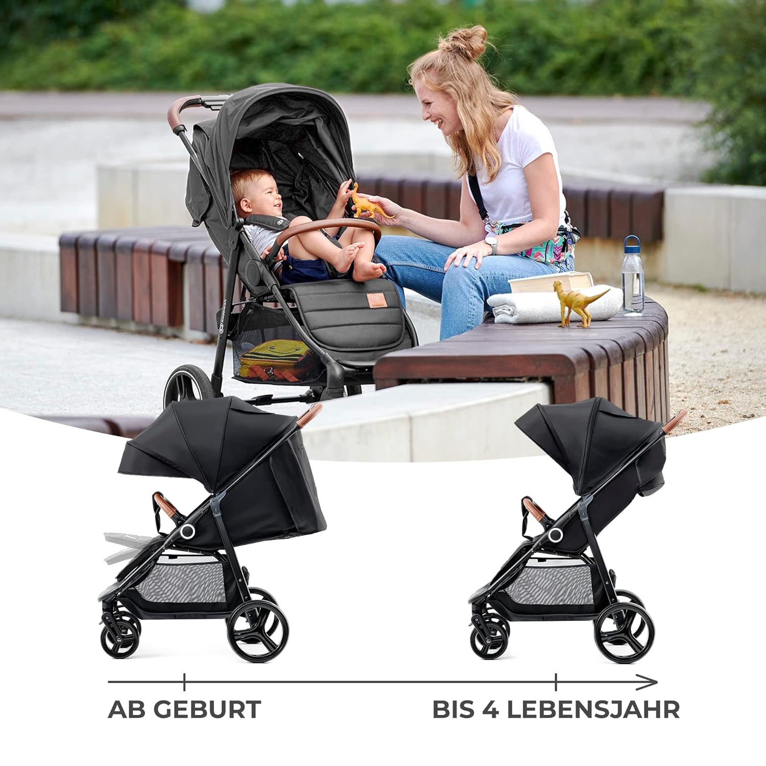 Kinderkraft GRANDE PLUS Kinderkraft buggy von Geburt bis 22 kg, Zusammenklappen mit einer Hand, Liegeposition, großes Verdeck mit Fenster, alle 4 Räder gedämpft, geräumige Sitz, Grau