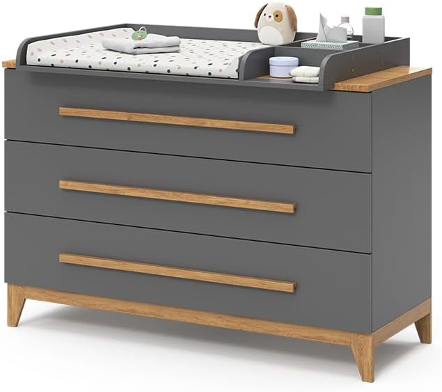 VitaliSpa Wickelkommode Malia, Weiß/Eiche, 133 x 98 cm XL mit 3 Schubladen