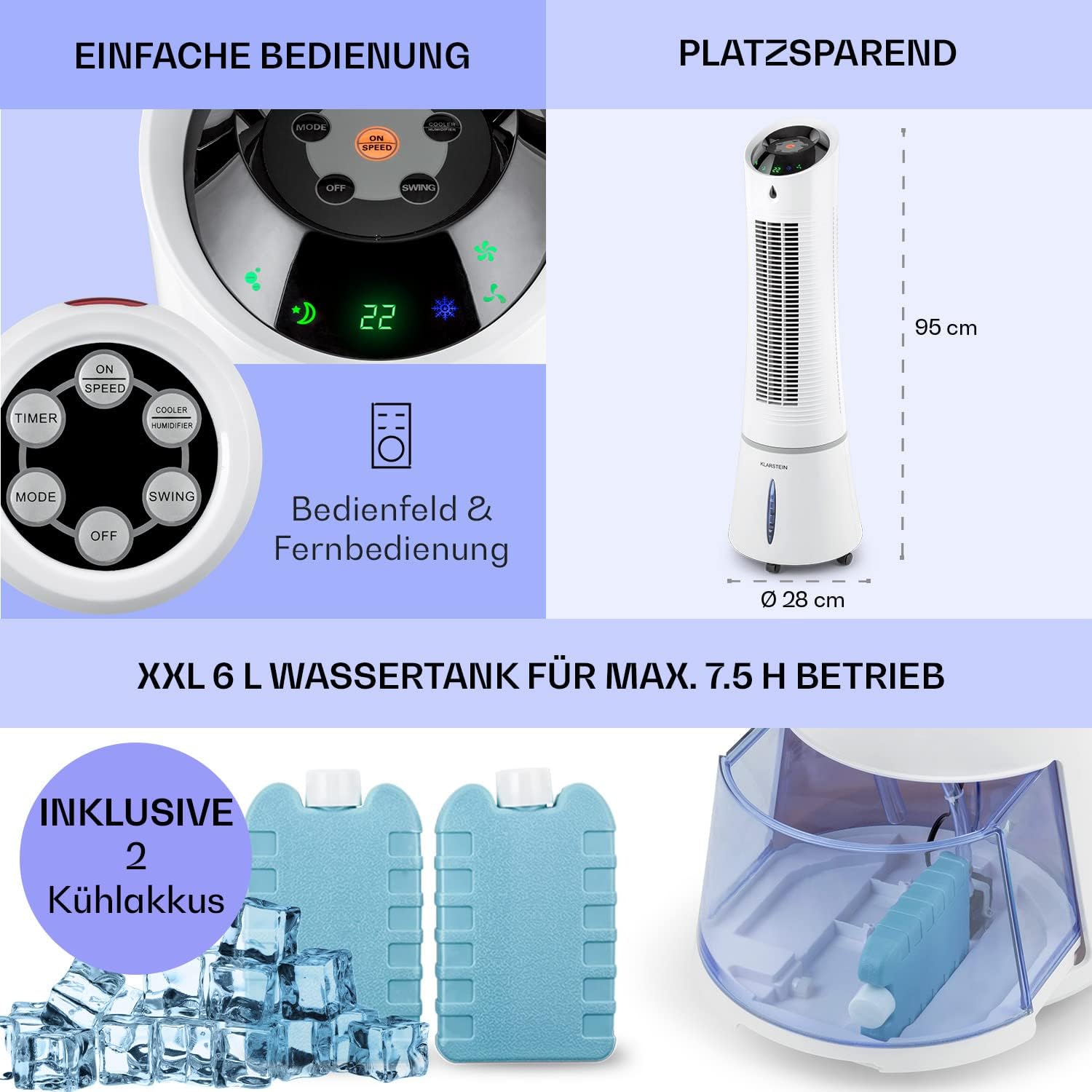 Klarstein 4-in-1: Smart Luftkühler, Ventilator, Luftbefeuchter & Ionisation I 6 L Wassertank, Oszillation, 30 W, 210 m³/h, Timer I Klimagerät ohne Abluftschlauch, Mobiles Klimagerät, Schwarz-Rosegold