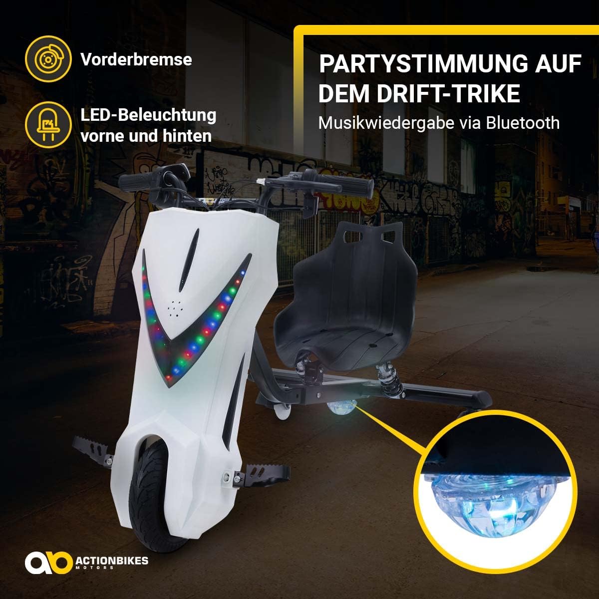 Actionbikes Motors Kinder Elektro Driftscooter | 𝟐𝟓𝟎 Watt Motor - Drift Cart 360°- 3 Geschwindigkeitsstufen - LED-Beleuchtung - Sitz verstellbar - Bluetooth - Drift Kart - Drift Auto (Space Purple)