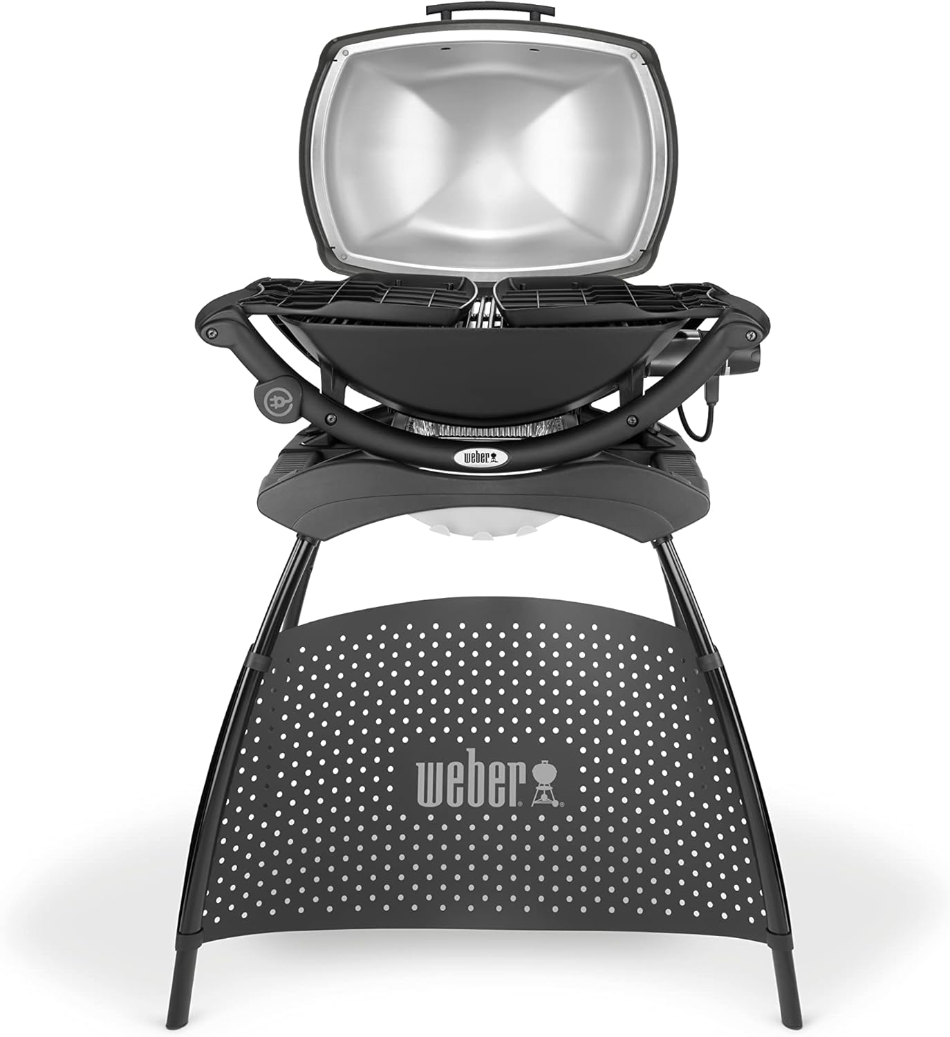 Weber Q2400 Elekrogrill mit Stand + Seitentischen, 54 x 39cm Grillfäche, portable, 2-geteilter porzellanemaillierter Guss-Grillrost, Aluminiumguss Deckel & Gehäuse - Dark Grey (55020879)