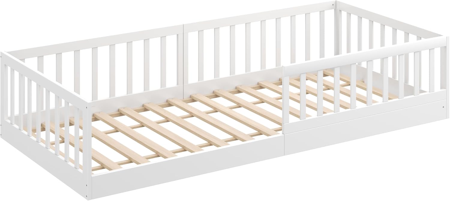 CADANI Timi 2in1 Bodenbett 140x200 cm Montessori Kinderbett mit abnehmbaren Rausfallschutz inkl. Lattenrost, Kiefer Massivholz, weiß - 3 Aufbauvarianten, bis 200 kg belastbar, umbaubar