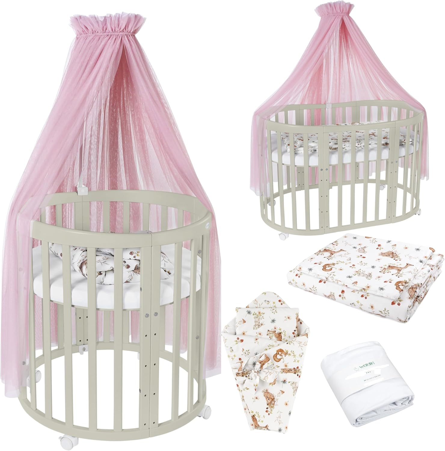 Waldin Oval Baby-Bett Mitwachsend Komplett Set 7in1, Gitterbett, Kinderbett mit Matratze, Wickelkommode, Beistellbett, Holz Weiß