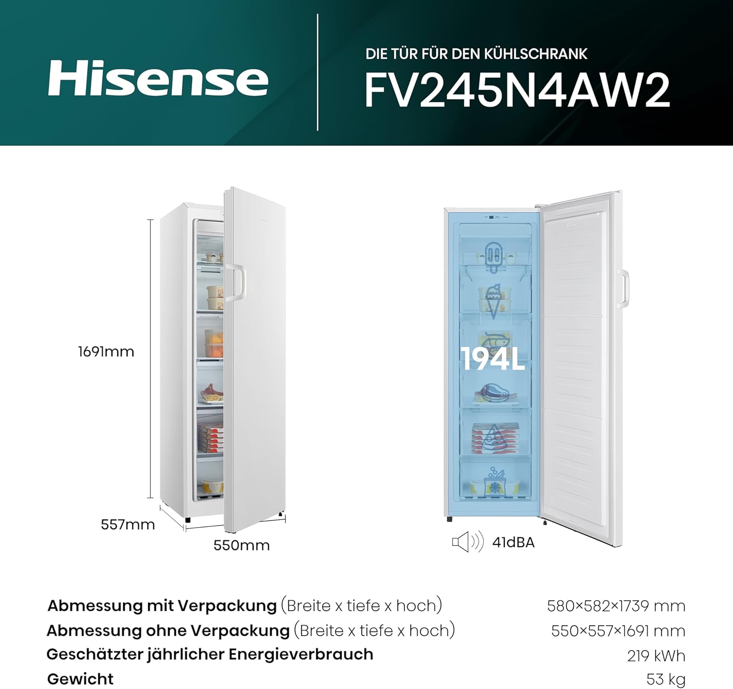Hisense FV191N4AW2 Gefrierschrank/ TotalNoFrost/ SuperFreeze/ Türalarm/ Multiflow 360°/ BigBox/ 143,4 cm/ Gefrierteil 147 l/ 41 dB/ 205 kWh/Wei