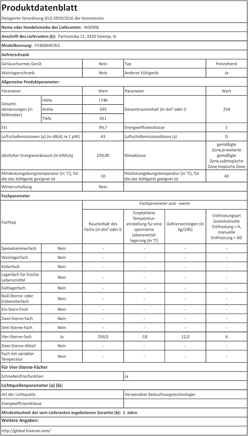 Hisense FV191N4AW2 Gefrierschrank/ TotalNoFrost/ SuperFreeze/ Türalarm/ Multiflow 360°/ BigBox/ 143,4 cm/ Gefrierteil 147 l/ 41 dB/ 205 kWh/Wei