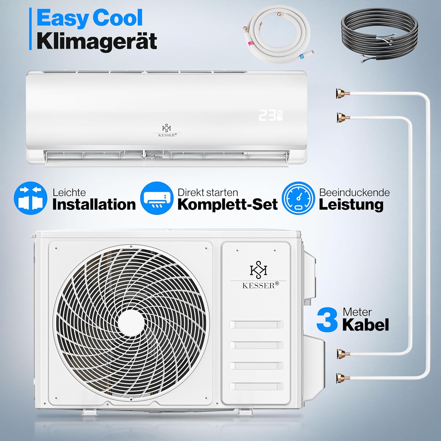 KESSER Klimaanlage Set Split - mit WiFi/App Funktion Klimagerät - Kühlen A++/ Heizen A+ - 9000 BTU/h (2.600 Watt) Kältemittel R32 - Fernbedienung, Timerfunktion - Inkl. komplettem Montagematerial