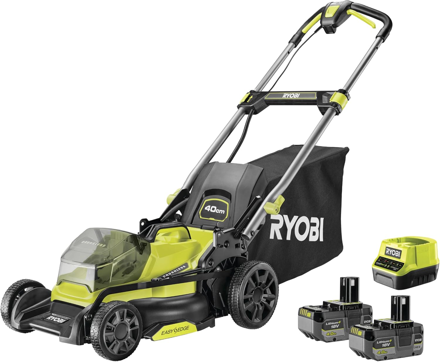 RYOBI 18 V ONE+ Akku-Rasenmäher RLM18X33B40 (Schnittbreite 33 cm, 5-fache Höhenverstellung 25-65 mm, zusammenklappbares Griffgestänge, inkl. Mulchkeil, 35l Grasfangsack, 4,0Ah Akku & Ladegerät)
